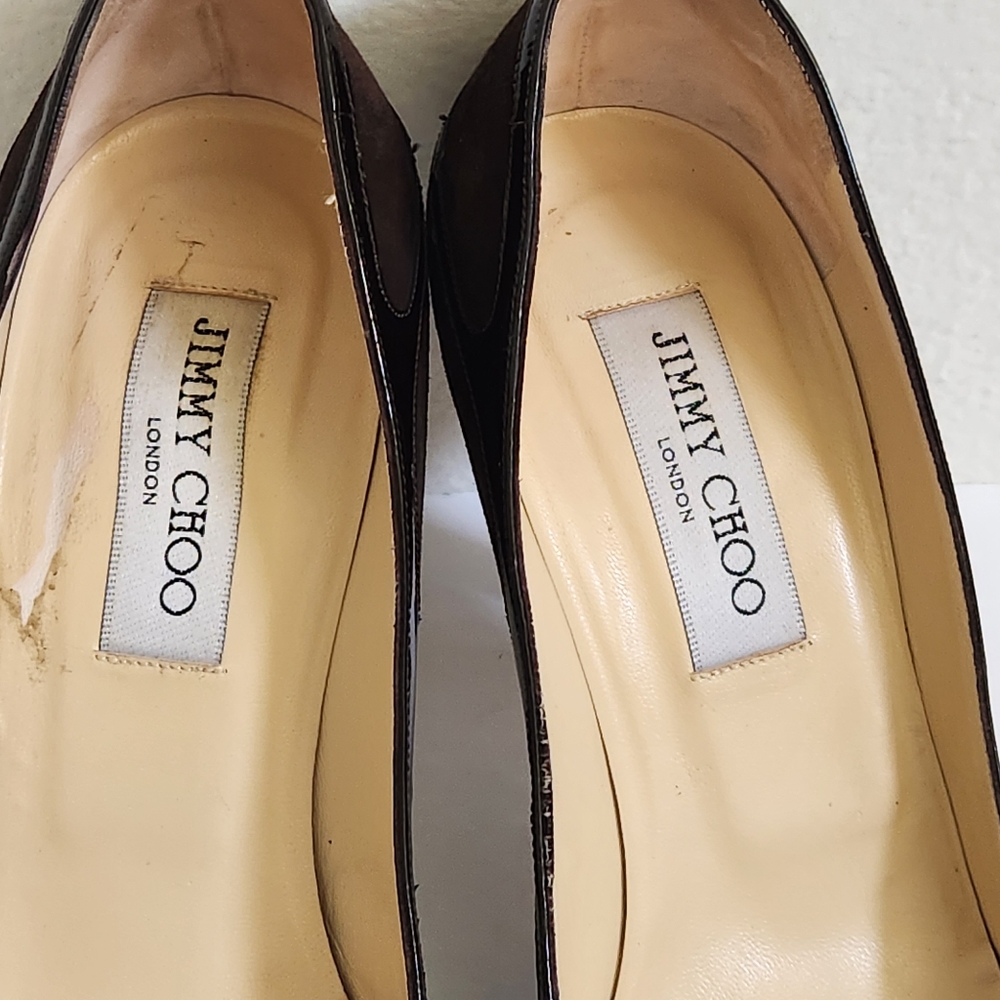 Jimmy Choo Brown Suede and Patent Leather Heels - Picture 3 of 16